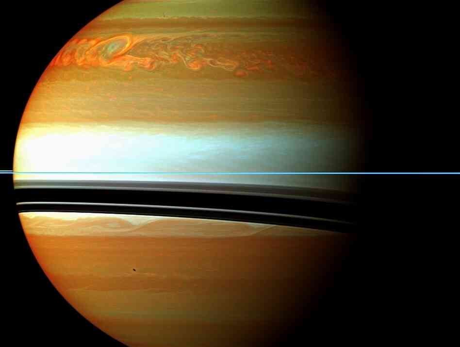These red, orange and green clouds (false color) in Saturn's northern hemisphere indicate the tail end of the massive 2010-2011 storm. Even after visible signs of the storm started to fade, infrared measurements continued to reveal powerful effects at work in Saturn's stratosphere.