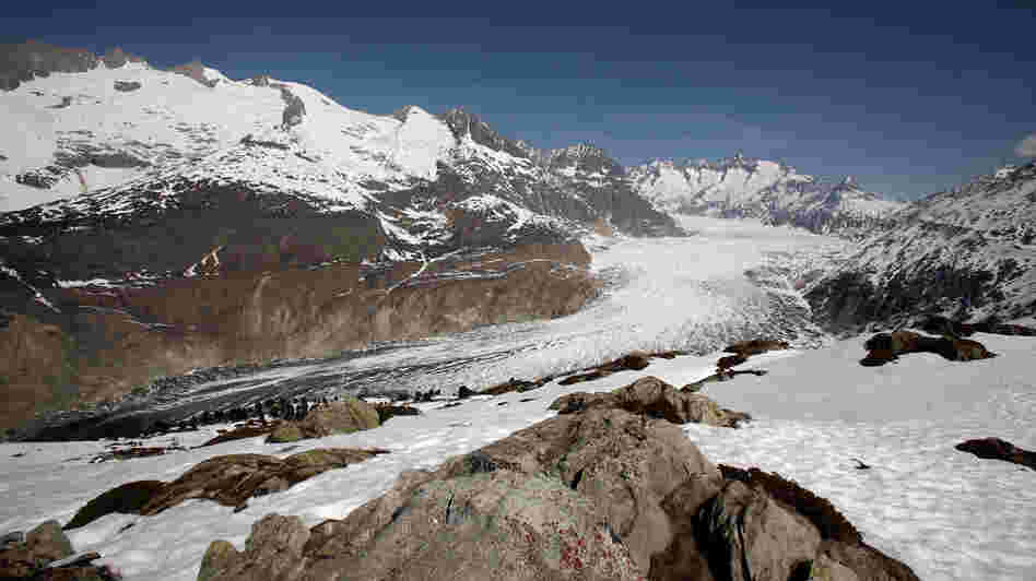 A general view of the Aletsch Glacier on April 21, 2007, near Brig, Switzerland, the largest glacier in the Alps. Unseasonably warm weather with temperatures up to 77 degrees Fahrenheit across Switzerland let snow melt, even at Alpine altitudes. A general view of the Aletsch Glacier on April 21, 2007, near Brig, Switzerland, the largest glacier in the Alps. Unseasonably warm weather with temperatures up to 77 degrees Fahrenheit across Switzerland let snow melt, even at Alpine altitudes.