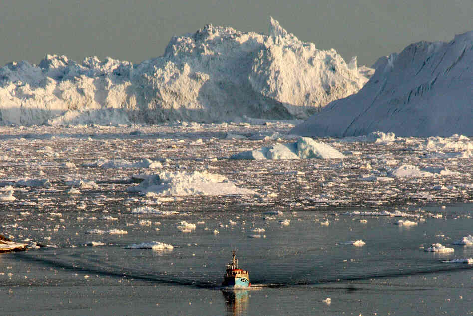 A boat skims through the melting ice in the Ilulissat fiord, on the western coast of Greenland, in 2008. The glacier is the most active in the Northern Hemisphere, producing 10 percent of Greenland's icebergs, or some 20 million tons of ice per day. But experts say the glacier is in bad shape because of climate change. A boat skims through the melting ice in the Ilulissat fiord, on the western coast of Greenland, in 2008. The glacier is the most active in the Northern Hemisphere, producing 10 percent of Greenland's icebergs, or some 20 million tons of ice per day. But experts say the glacier is in bad shape because of climate change.