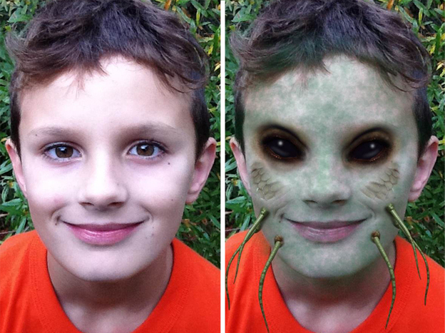 Before and after: The iMut8r app brings out the inner zombie in children of all ages.
