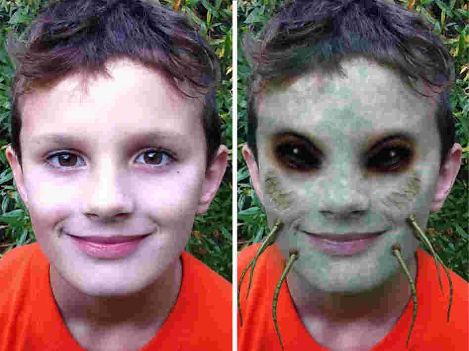 Before and after: The iMut8r app brings out the inner zombie in children of all ages.