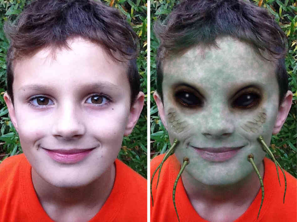 Before and after: The iMut8r app brings out the inner zombie in children of all ages.