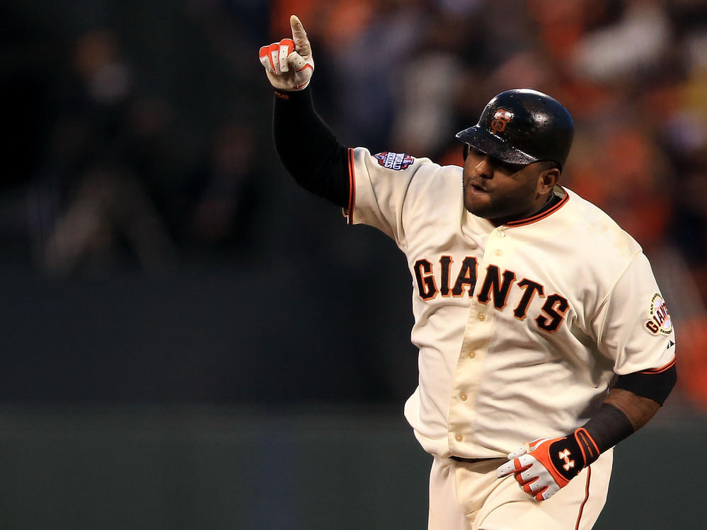 San Francisco Giants third baseman Pablo Sandoval rounding the bases after one of his three home runs last night.