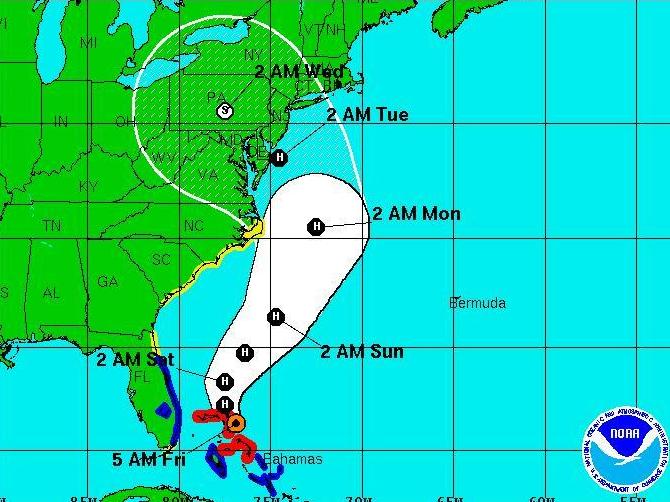 Hurricane Sandy's projected track, as of 5 a.m. today. Hurricane Sandy's projected track, as of 5 a.m. today.