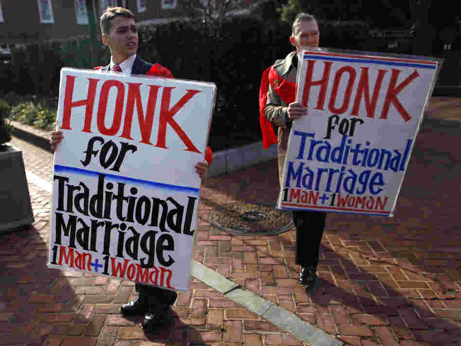 Zachariah Long (left) and Edward Ritchie protest against a gay-marriage bill in Annapolis, Md., on Feb. 17. The bill passed, but the issue is being put directly to Maryland voters on Nov. 6.