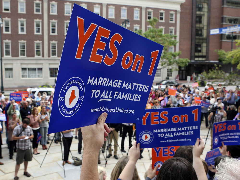 Supporters rally for a referendum to legalize same-sex marriage, Sept. 10 in Portland, Maine.
