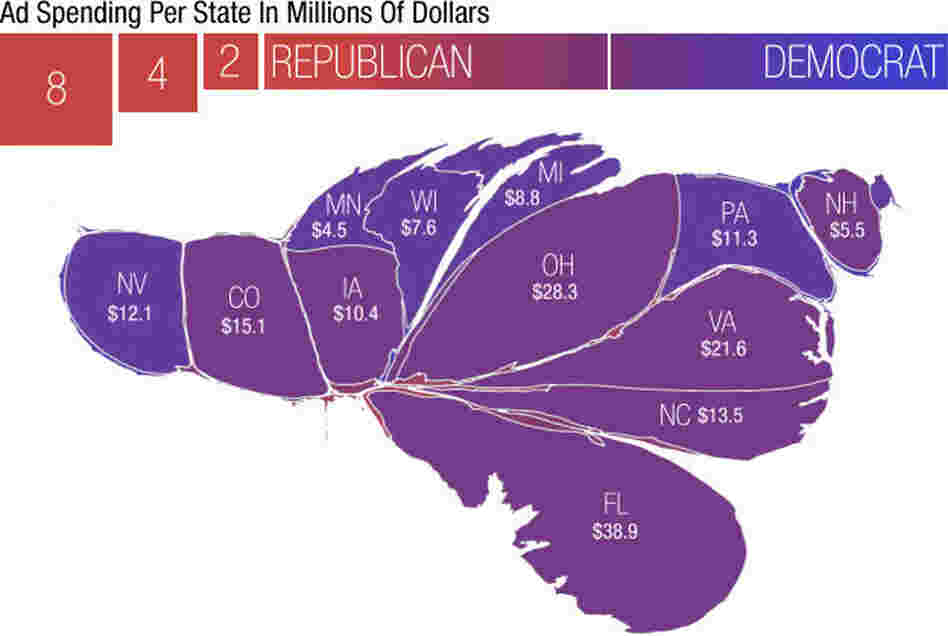The United States, with state size based on ad spending by outside groups in presidential race. The United States, with state size based on ad spending by outside groups in presidential race.