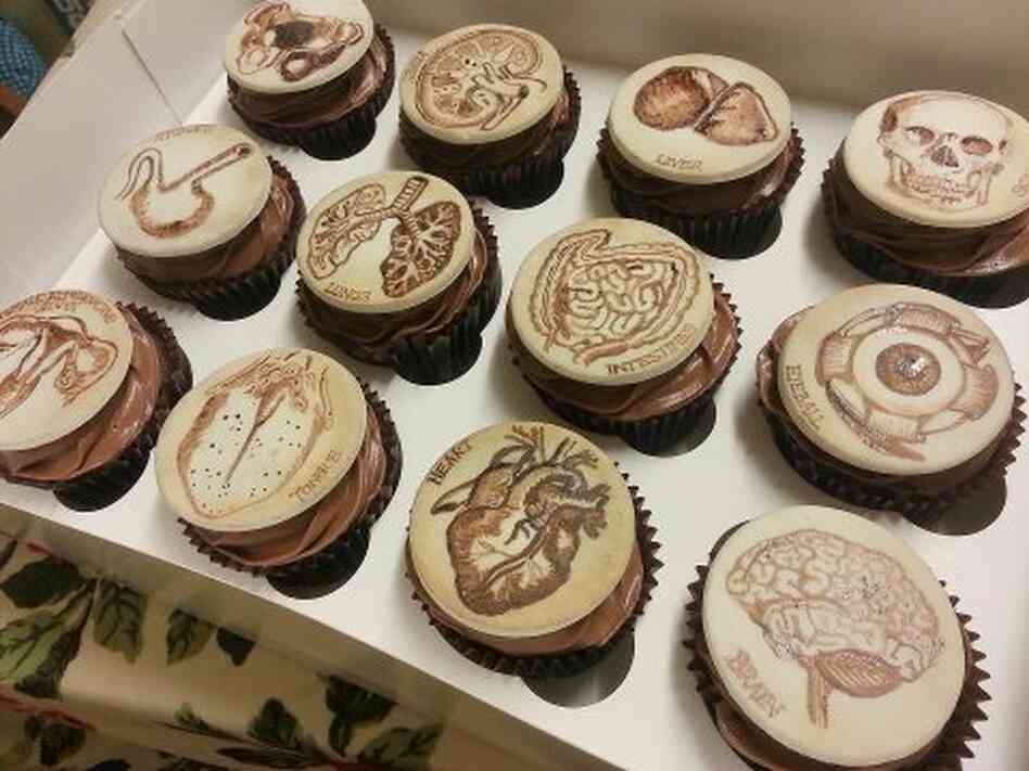 A Pathologist's Dozen: This set of twelve cupcakes by Tattoo Cakes depict historical illustrations of human anatomy. 