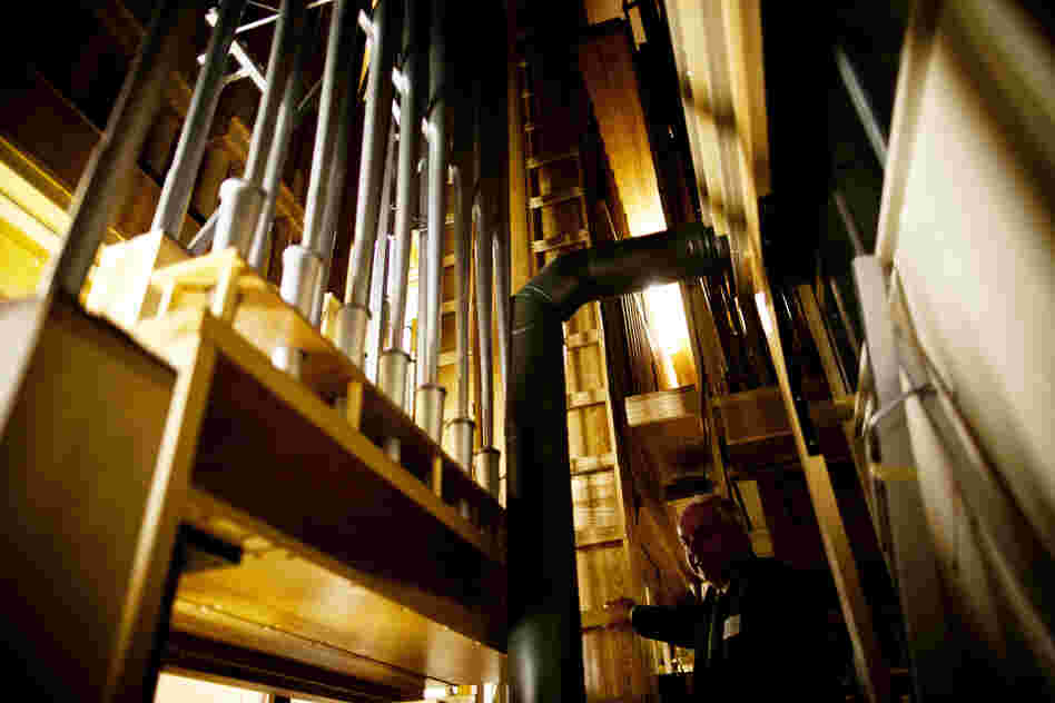 Jacquelin Rochette, artistic director of Casavant Bros., gives a tour of the labyrinthine organ chamber. The Montreal-based company was founded in 1879 and specializes in building, renovating and installing pipe organs.
