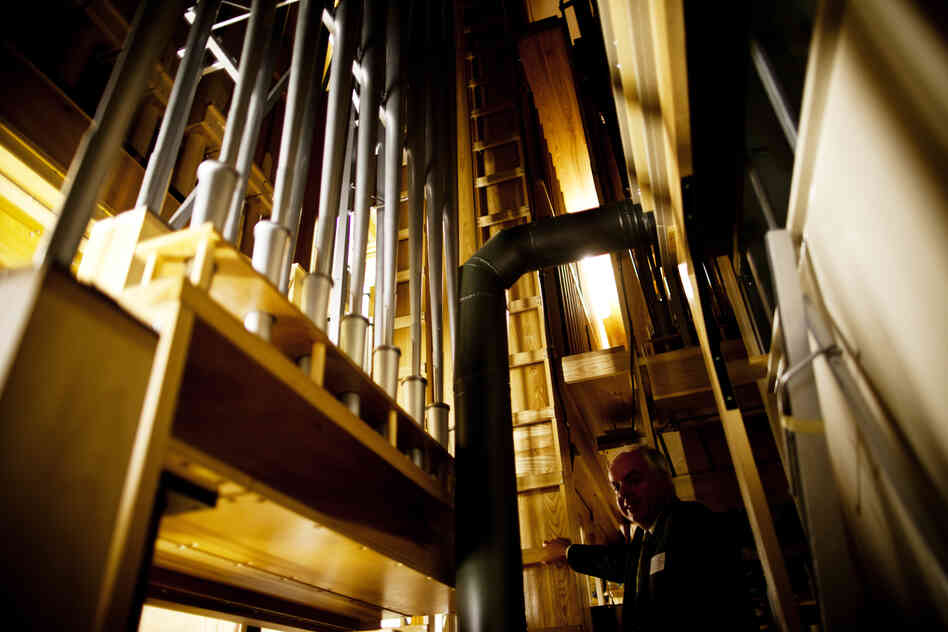 Jacquelin Rochette, artistic director of Casavant Bros., gives a tour of the labyrinthine organ chamber. The Montreal-based company was founded in 1879 and specializes in building, renovating and installing pipe organs.