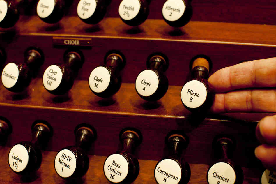 Weiler pulls on the "Filene" stop, named after Catherine Filene Shouse, the donor of the first Kennedy Center organ dismantled earlier this year. The wooden console has 103 stops, which are responsible for balancing the treble and bass — the lows and highs of each pipe.