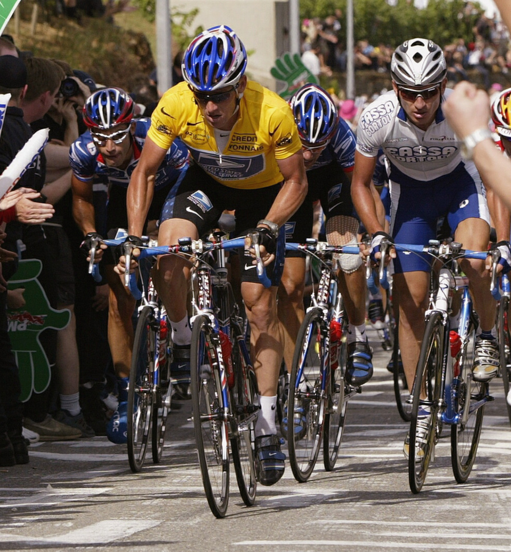 Lance Armstrong, in the yellow leader's jersey, during the 2002 Tour de France. Now, there's no winner of that race or the six others in which he finished first.