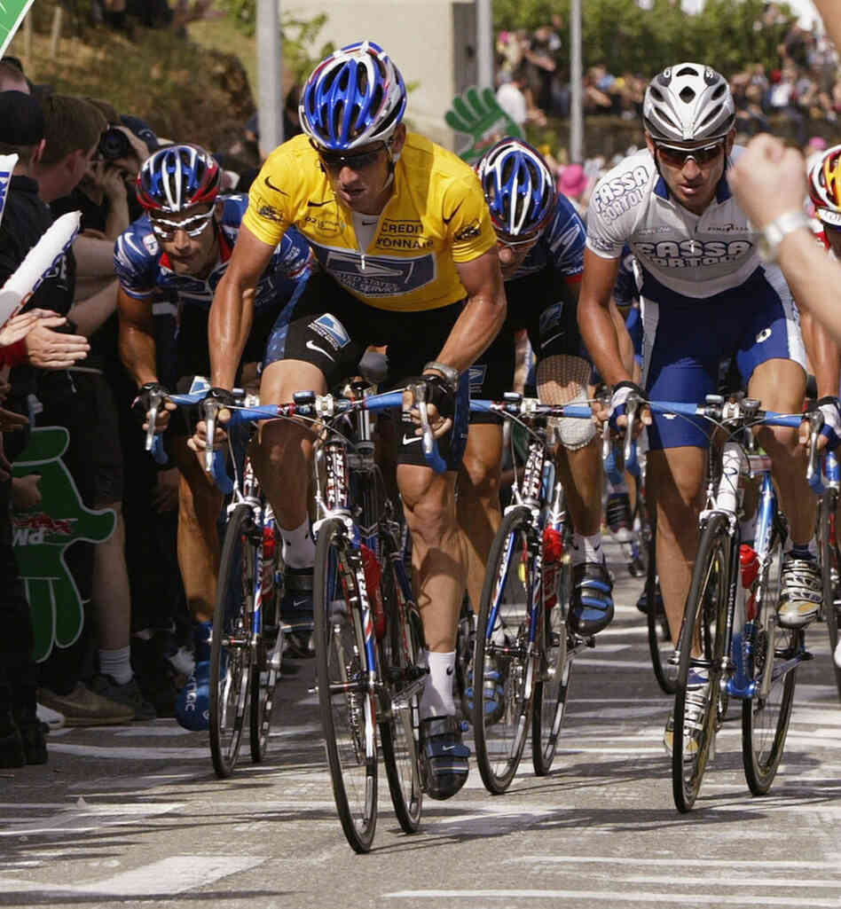 Lance Armstrong, in the yellow leader's jersey, during the 2002 Tour de France. Now, there's no winner of that race or the six others in which he finished first.