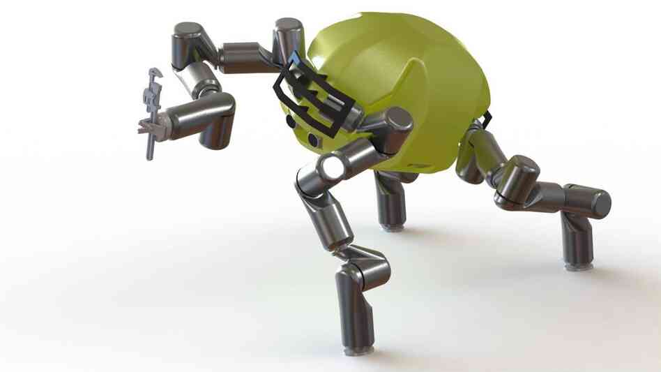 The "RoboSimian" from NASA's Jet Propulsion Laboratory has the advantage of being able to grasp things with all four limbs, like a chimp. It will compete in the DARPA Robotics Challenge.