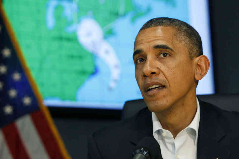 President Obama makes a statement after a briefing on Hurricane Sandy at FEMA headquarters Sunday in Washington. The president and Republican nominee Mitt Romney both canceled East Coast campaign appearances.