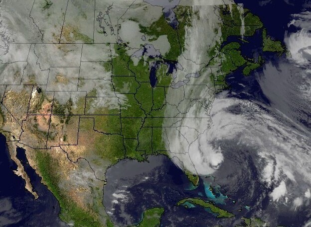 Hurricane Sandy's huge cloud extends up to 2,000 miles based on a satellite image from Sunday.
