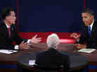 President Barack Obama (R) debates with Republican presidential candidate Mitt Romney (L) as moderator Bob Schieffer listens on Oct. 22, 2012. President Barack Obama (R) debates with Republican presidential candidate Mitt Romney (L) as moderator Bob Schieffer listens on Oct. 22, 2012.