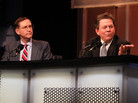 Panelists Glenn Hubbard (left) and Arthur Laffer argue for the motion "The Rich Are Taxed Enough." Panelists Glenn Hubbard (left) and Arthur Laffer argue for the motion "The Rich Are Taxed Enough."