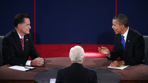 Republican presidential nominee Mitt Romney and President Obama debate on Oct. 22 at Lynn University in Boca Raton, Fla.