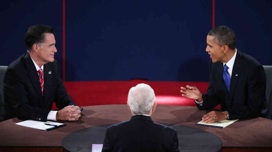 Republican presidential nominee Mitt Romney and President Obama debate on Oct. 22 at Lynn University in Boca Raton, Fla.
