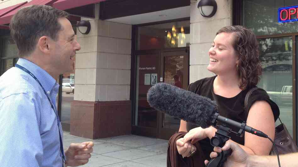 In Washington's Columbia Heights neighborhood, Claire Robertson, a grad student, talks with Scott Hensley about retail health clinics.