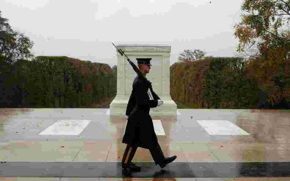 Spc. Brett Hyde, Tomb Sentinel, 3d U.S. Infantry Regiment (The Old Guard), keeps guard over the Tomb of the Unknown Soldier during Hurricane Sandy at Arlington National Cemetery, Va.