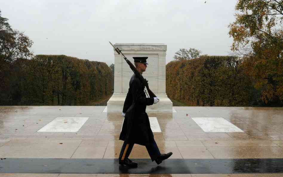 Spc. Brett Hyde, Tomb Sentinel, 3d U.S. Infantry Regiment (The Old Guard), keeps guard over the Tomb of the Unknown Soldier during Hurricane Sandy at Arlington National Cemetery, Va.