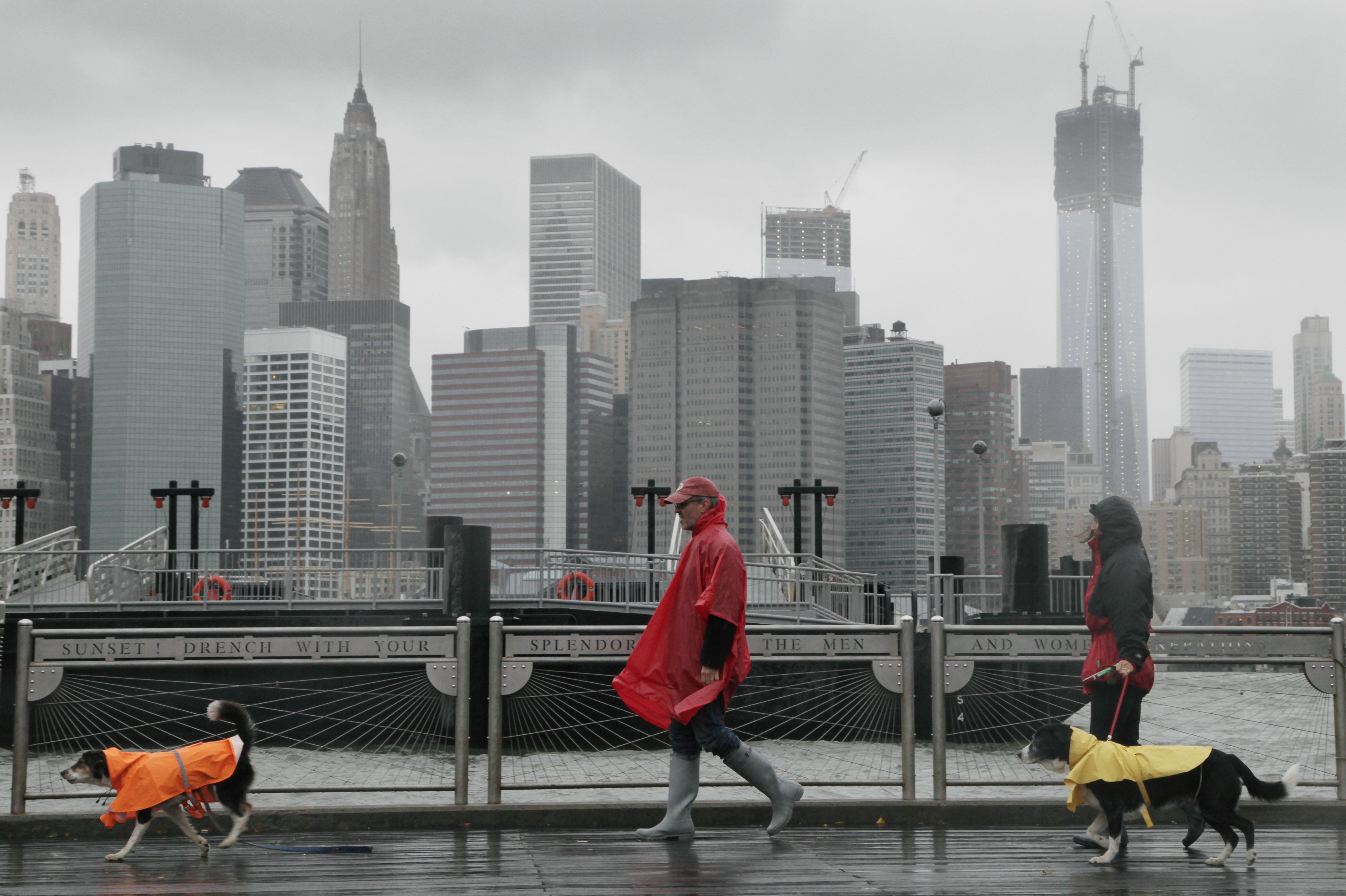 Peter Cusack, center, and Mel Bermudez walk their dogs along the Brooklyn waterfront as Hurricane Sandy advances on New York City. The storm forced the shutdown of mass transit, schools and financial markets.