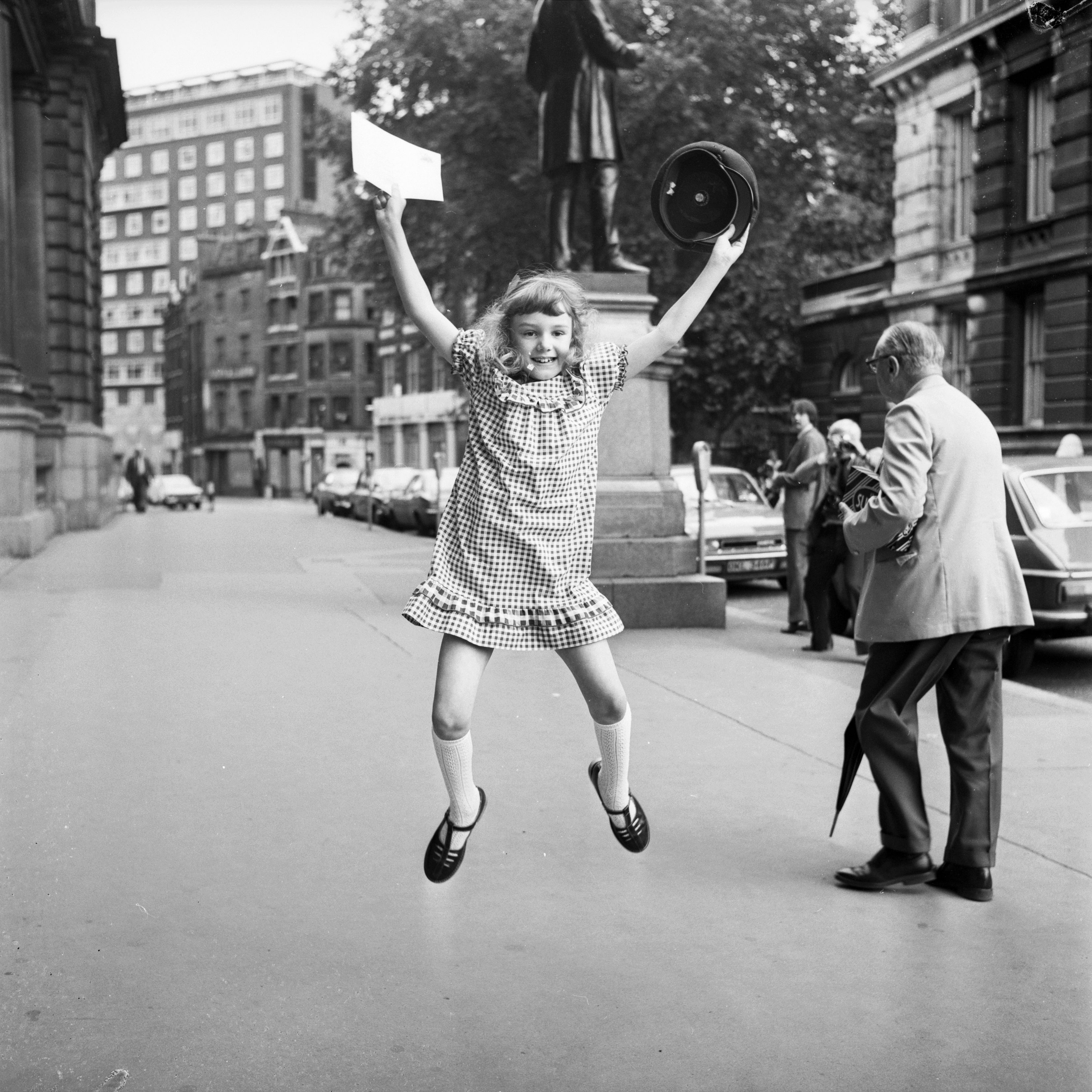 30th July 1980: Eight year old Helen Marr celebrating after being voted the best young letter writer in Britain, in a contest run by the Post Office. (Photo by Ray Moreton/Keystone/Getty Images)