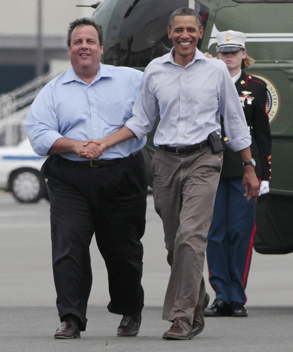 President Obama and New Jersey Gov. Chris Christie meet to tour damage from another storm, Hurricane Irene, on Sept. 4, 2011.