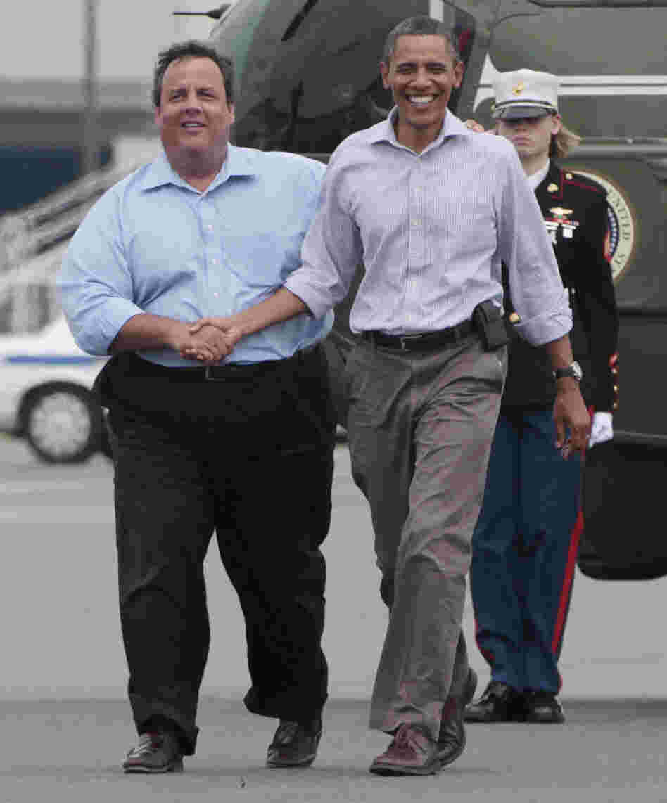 President Obama and New Jersey Gov. Chris Christie meet to tour damage from another storm, Hurricane Irene, on Sept. 4, 2011.