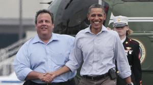 President Obama and New Jersey Gov. Chris Christie meet to tour damage from another storm, Hurricane Irene, on Sept. 4, 2011.