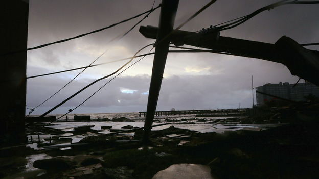 Debris and sections of a destroyed boardwalk in Atlantic City, N.J., earlier today. (Getty Images)