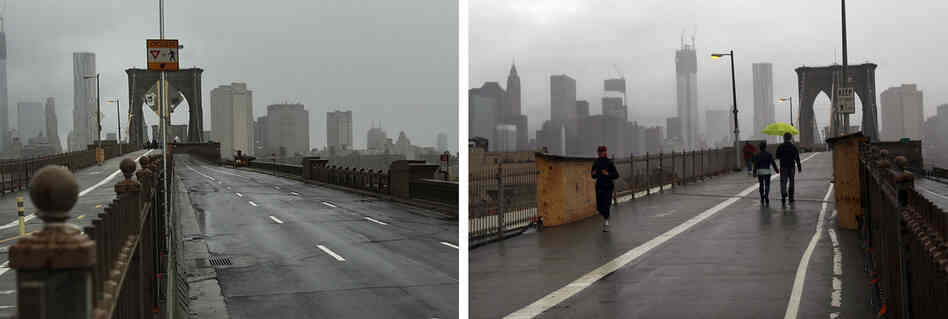 A composite of two photos of the Brooklyn Bridge, which remains closed to traffic on Tuesday (left) but open to pedestrians (right). A composite of two photos of the Brooklyn Bridge, which remains closed to traffic on Tuesday (left) but open to pedestrians (right).