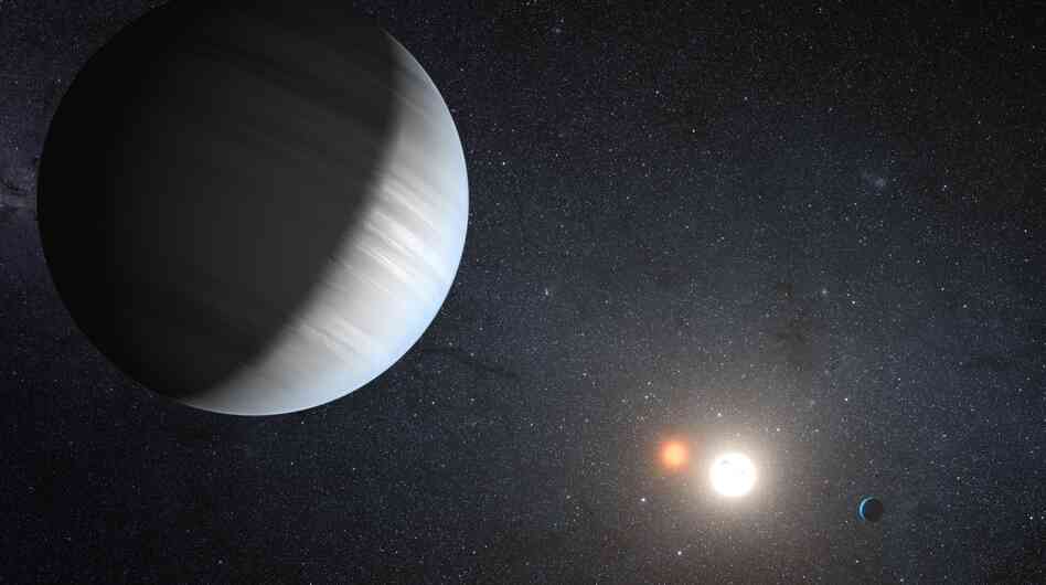 This artist's concept illustrates Kepler-47, the first transiting circumbinary system — multiple planets orbiting two suns — 4,900 light-years from Earth, in the constellation Cygnus.