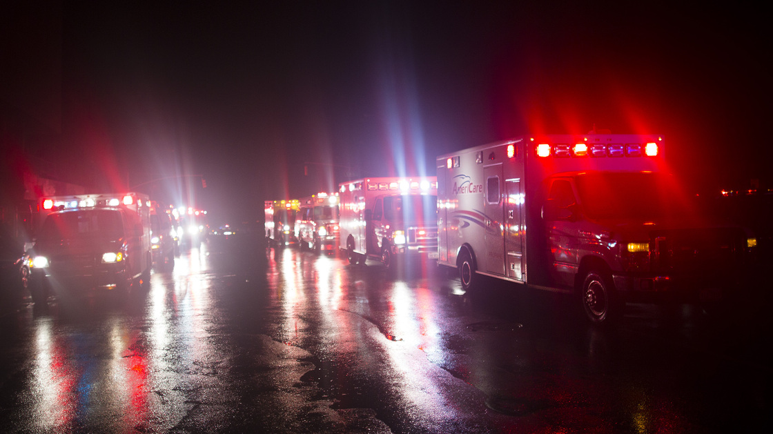 Ambulances line up outside New York University Langone Medical Center to evacuate patients after backup generators failed when Sandy knocked out power in Lower Manhattan Monday.