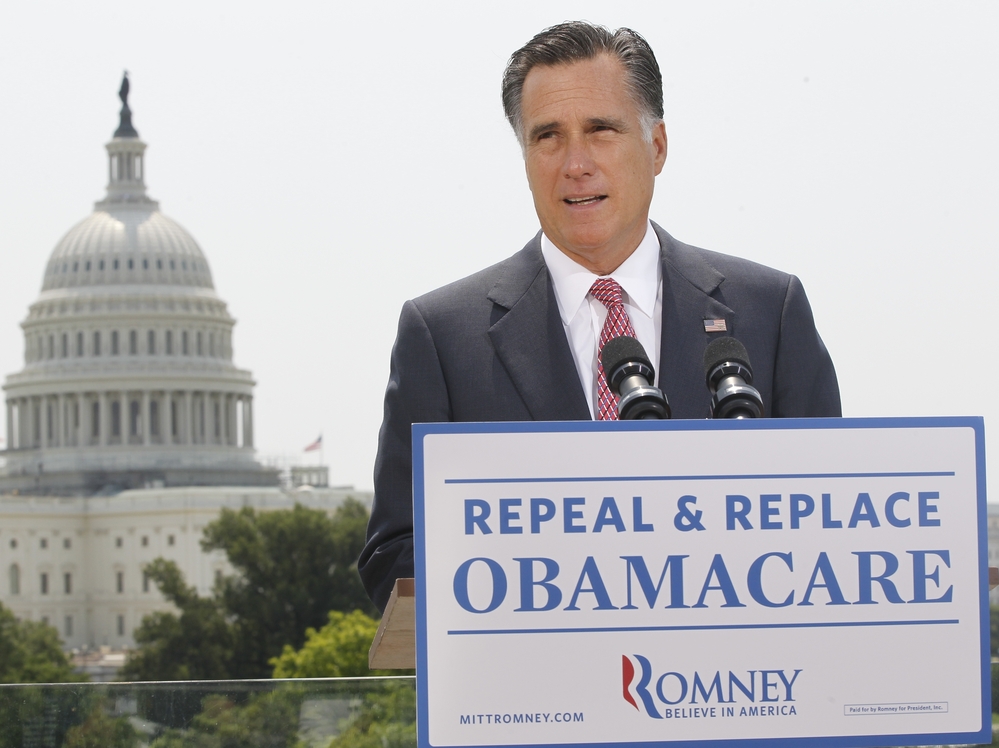 Republican presidential candidate Mitt Romney speaks about the Supreme Court ruling on health care in Washington on June 28.