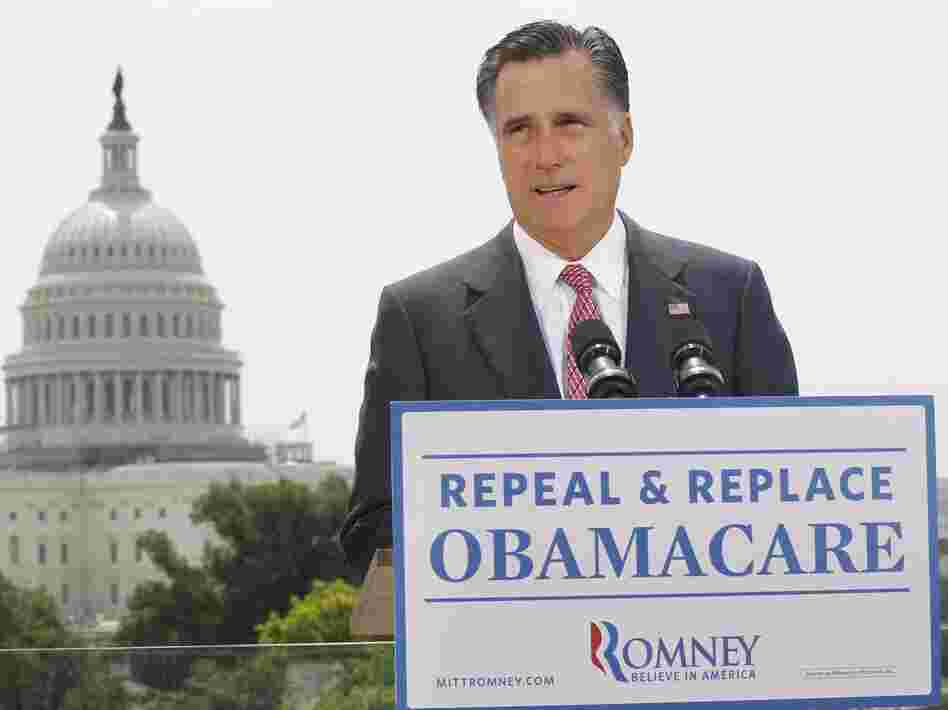 Republican presidential candidate Mitt Romney speaks about the Supreme Court ruling on health care in Washington on June 28.