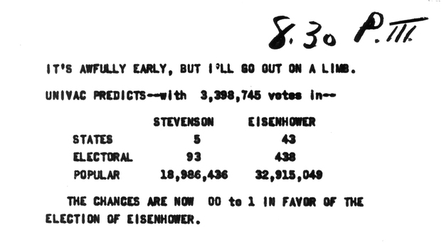 A printout of the UNIVAC prediction of the 1952 presidential prediction. A printout of the UNIVAC prediction of the 1952 presidential prediction.
