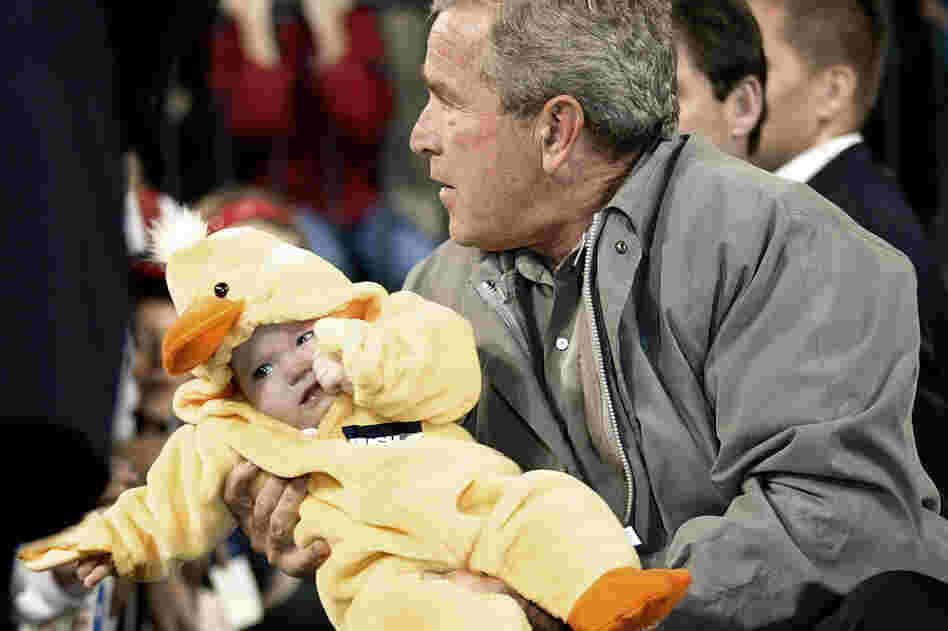 Here's George W. Bush not knowing what to do with a baby duck. (Bush held 5-month-old Jessica DeNoma while campaigning in 2004.)