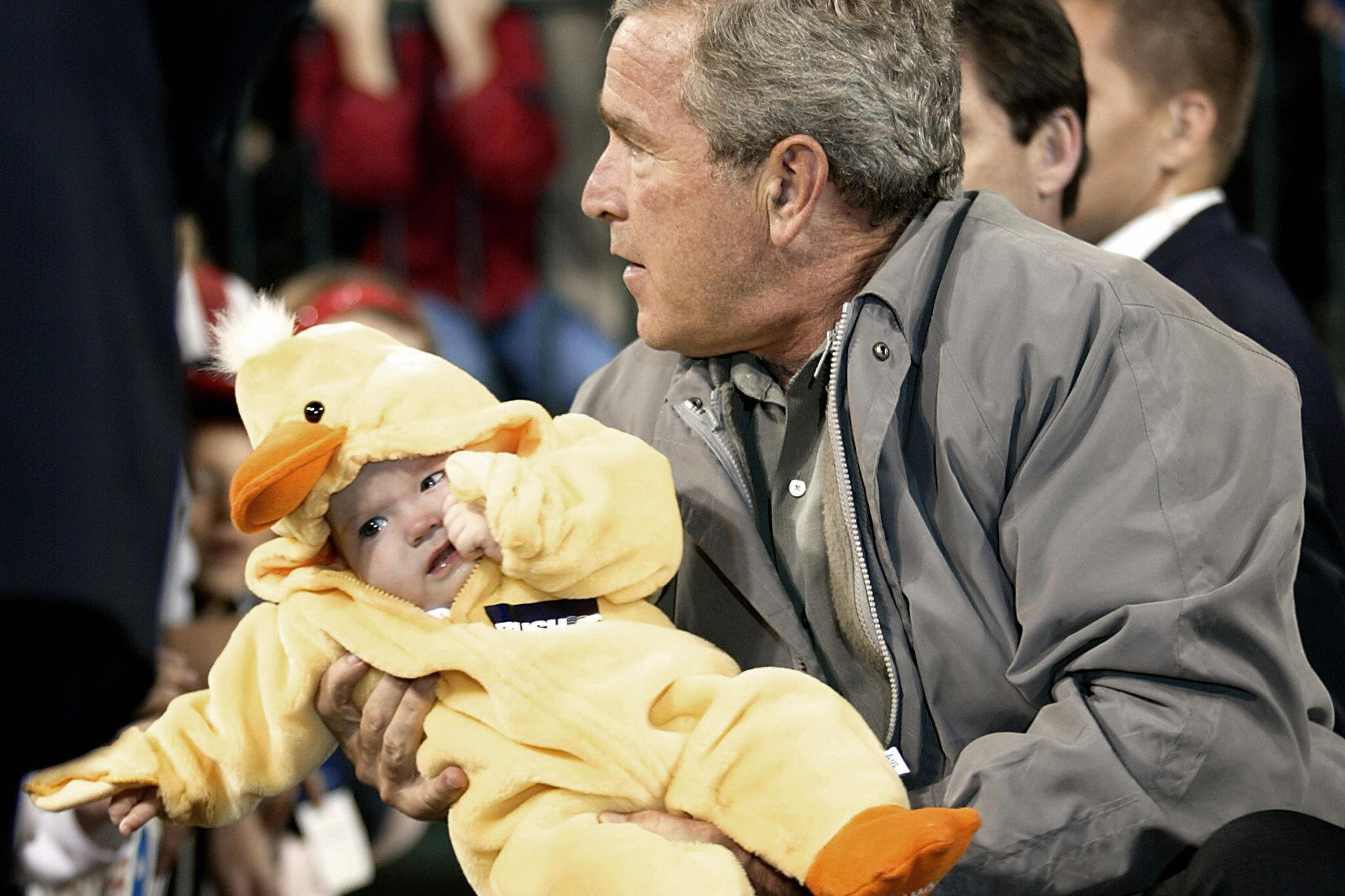 Here's George W. Bush not knowing what to do with a baby duck. (Bush held 5-month-old Jessica DeNoma while campaigning in 2004.)
