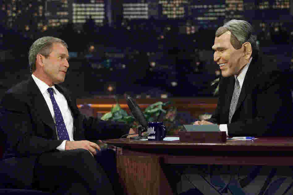 "Waaaiiit a minuuuute. Hey now, Jay. That's not funny!" (George Bush makes an appearance on The Tonight Show with Jay Leno while campaigning in 2000.)