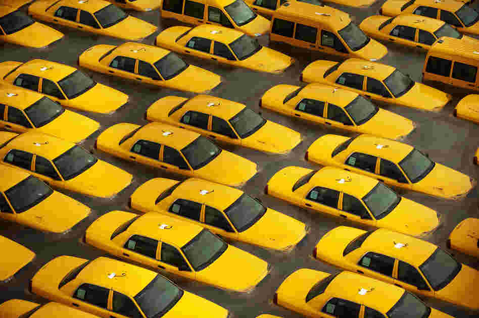 Taxis sit in a flooded lot in Hoboken, N.J., after Hurricane Sandy caused massive flooding across much of the Atlantic Seaboard.