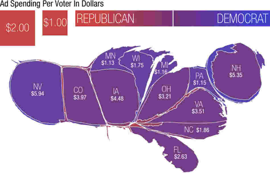 The United States, with state size based on political ad spending by outside groups on presidential race per voting age adult. The United States, with state size based on political ad spending by outside groups on presidential race per voting age adult.