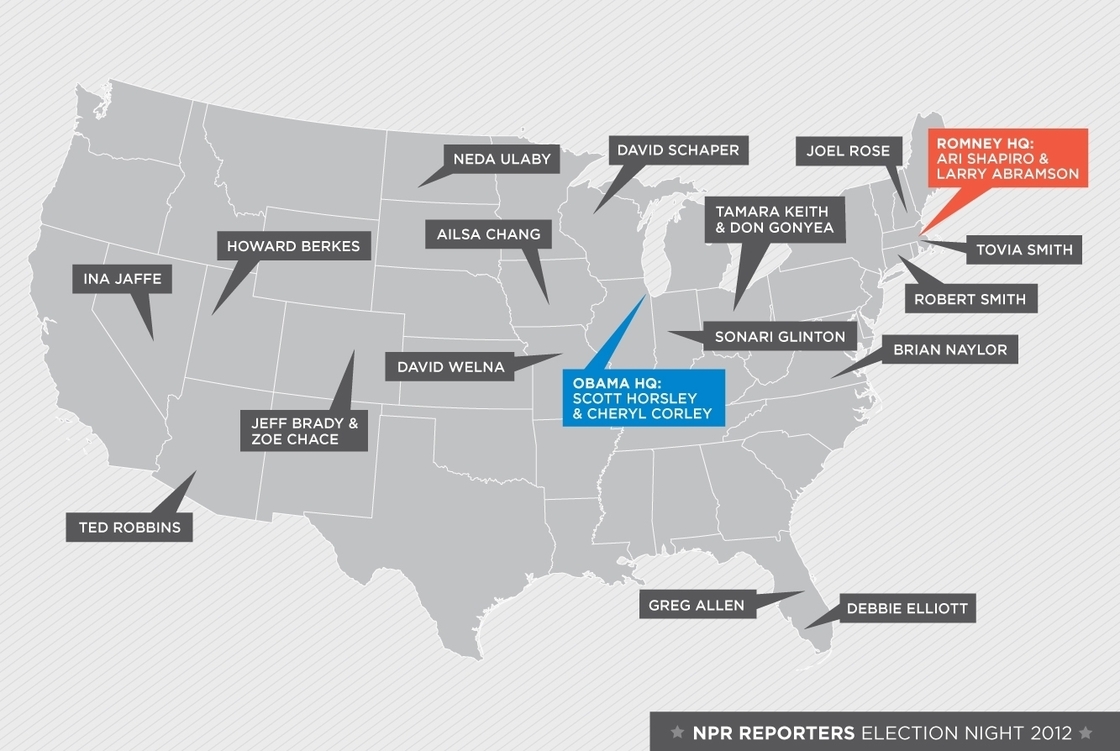 NPR will be reporting from 19 locations, including headquarters in Washington, D.C., on election night, Tuesday, November 6.