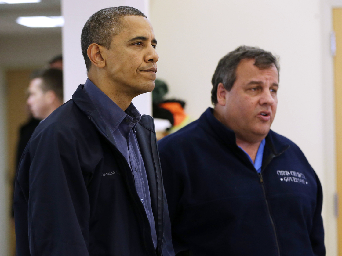 President Obama and New Jersey Gov. Chris Christie at the Brigantine Beach Community Center in Brigantine, N.J., where they met with local residents displaced by Sandy.