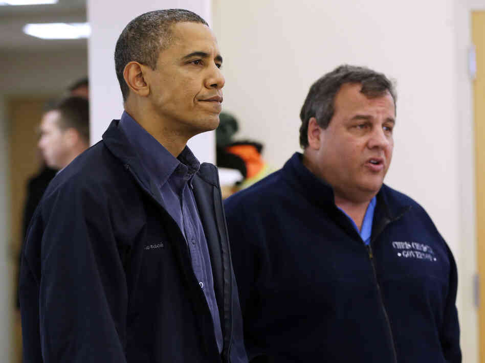 President Obama and New Jersey Gov. Chris Christie at the Brigantine Beach Community Center in Brigantine, N.J., where they met with local residents displaced by Sandy.