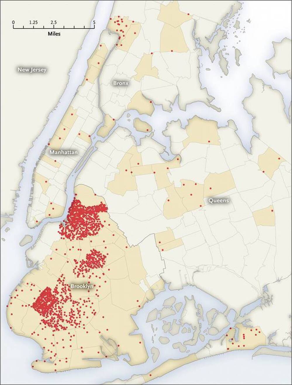 Each dot represents one case of mumps in a given zip code from June 28, 2009, to June 27, 2010.