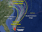 These computer models from Oct. 26 of then-Hurricane Sandy show different predictions for the storm's path. These computer models from Oct. 26 of then-Hurricane Sandy show different predictions for the storm's path.
