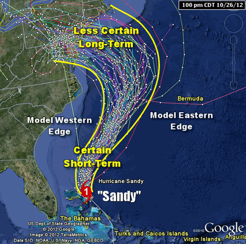 These computer models from Oct. 26 of then-Hurricane Sandy show different predictions for the storm's path.